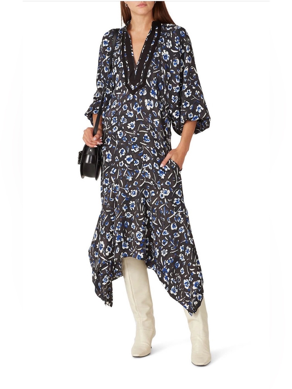 Tory Burch~Black Floral V-Neck Puff-Sleeve Tunic~Size Small~$498~